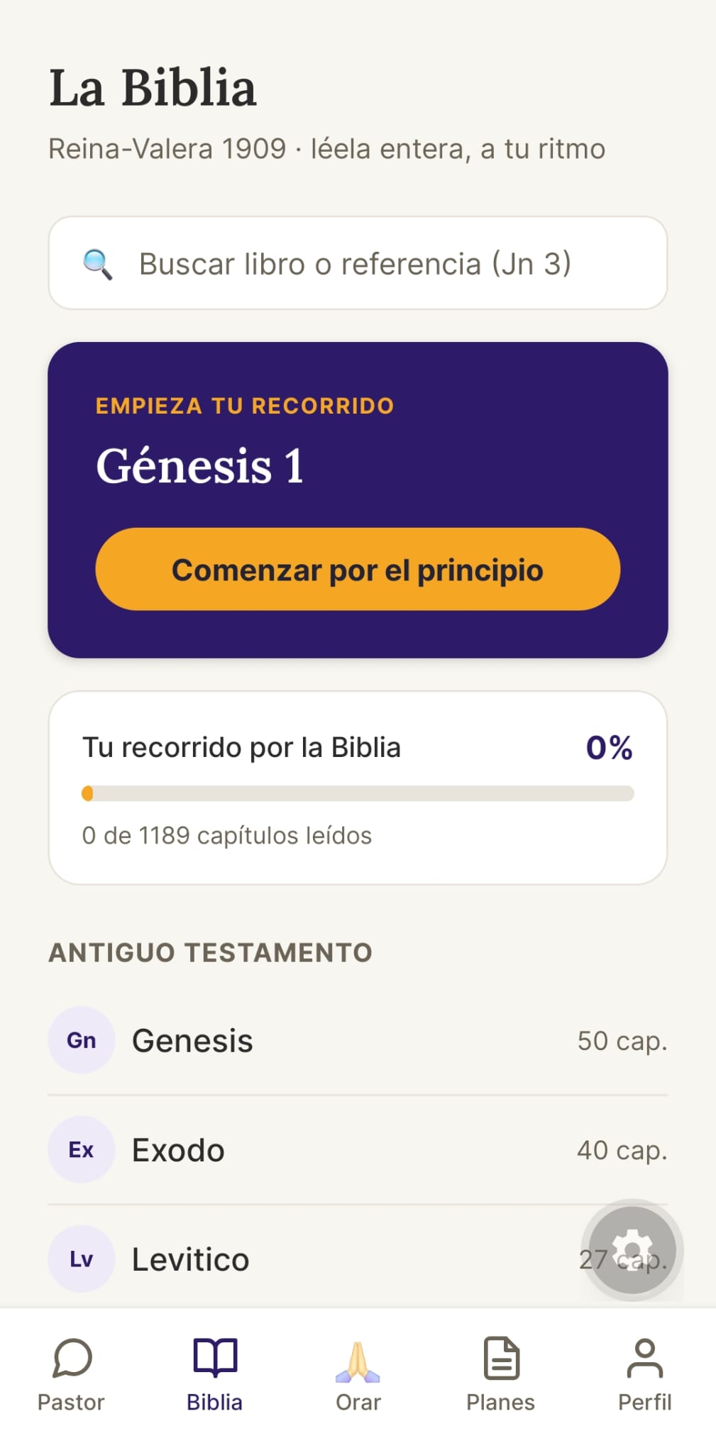 Índice de la Biblia con el progreso de lectura y el botón para continuar por donde ibas.