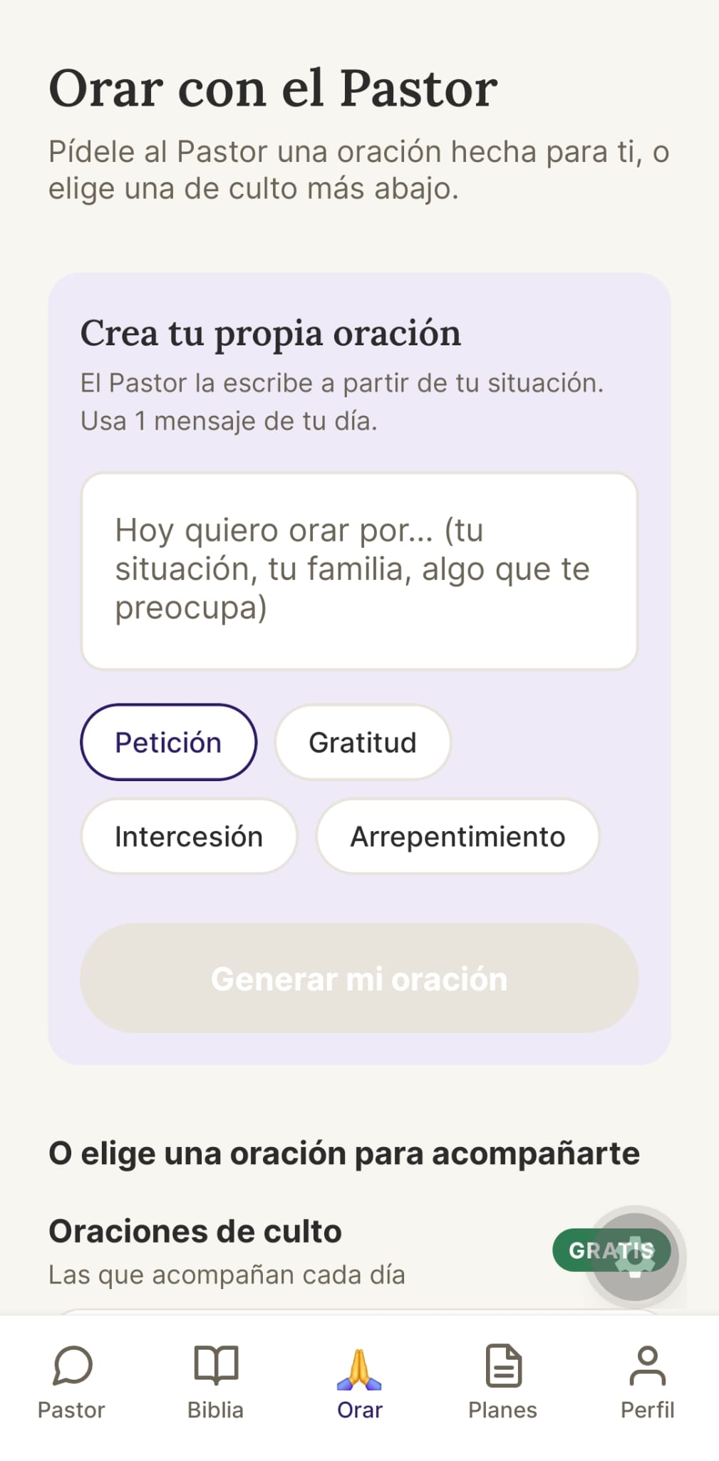 Pantalla para pedirle al Pastor una oración escrita para tu situación.