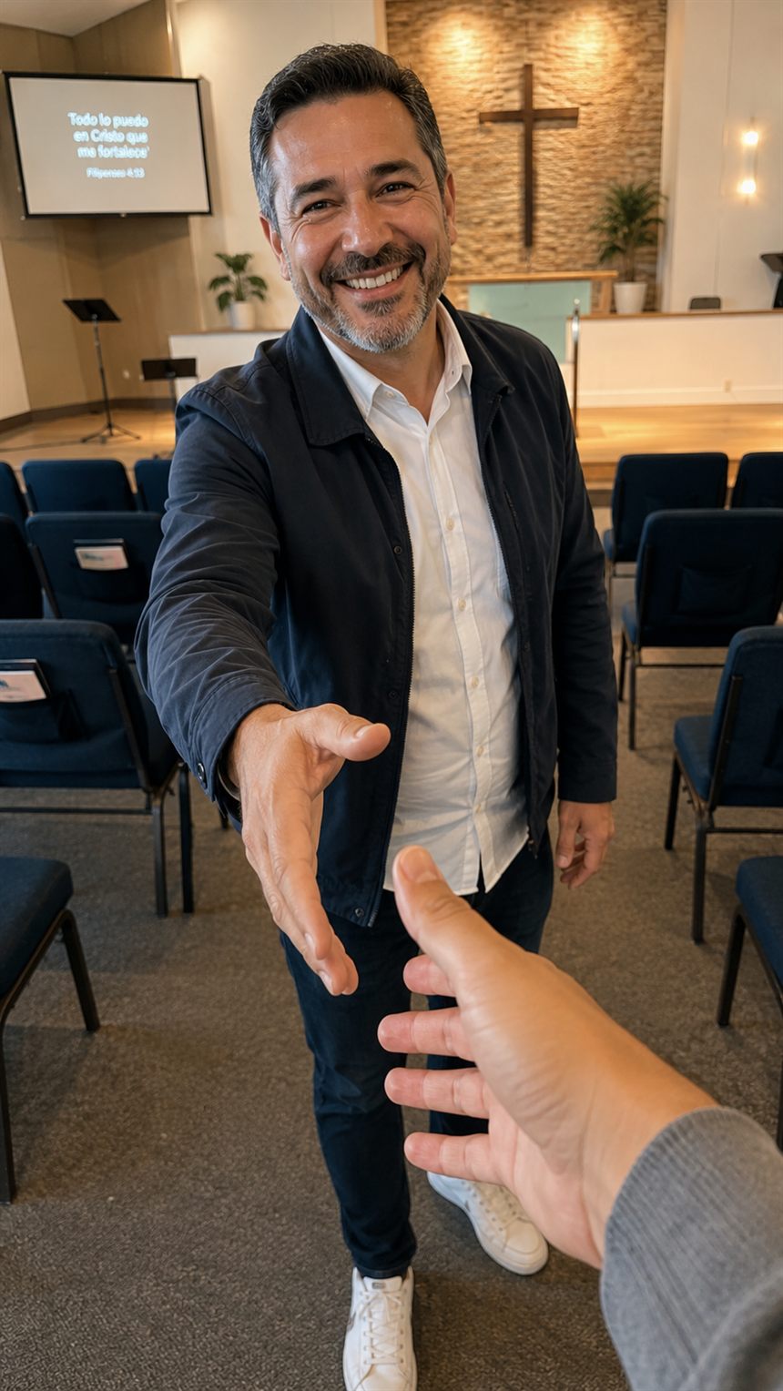 Un pastor sonriente tiende la mano hacia quien mira, en una sala de iglesia con una cruz al fondo.